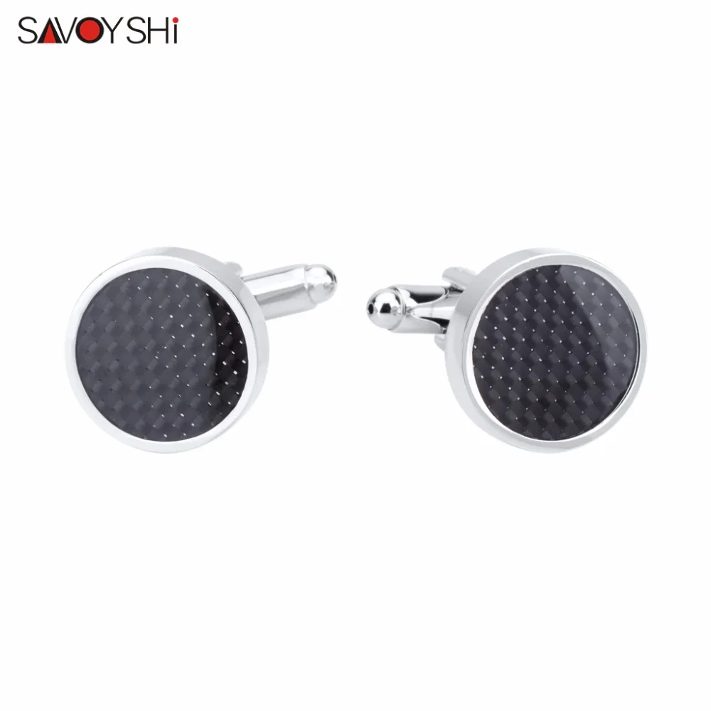 SAVOYSHI Black Carbon Fiber Cufflinks for Mens Shirt Cuff buttons High Quality Round Silver color Cuff link Brand Men Jewelry