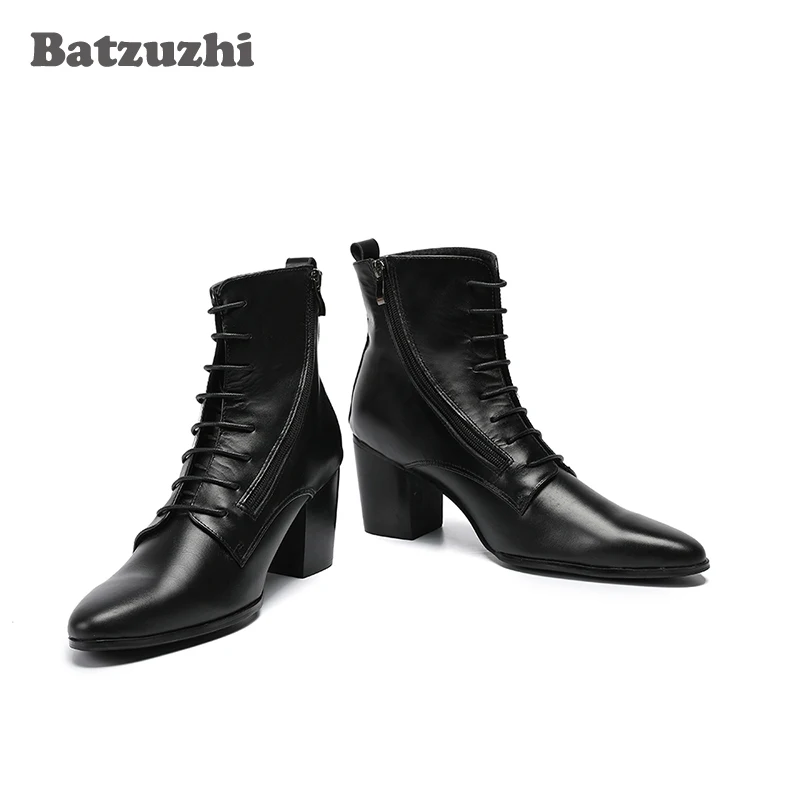 Batzuzhi Cowboy Boots Men High Heels 6.8cm Black Soft Leather Ankle Boots Thick Heels Men Shoes Zapatos Hombre Lace Up Man Boots