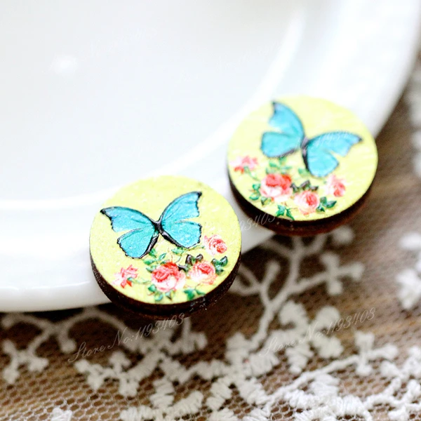 Unique 3D Butterfly Embossed 16mm Round Coloured Drawing pattern Laser Cut wood Cabochon DIY for Rings, Earring,Brooch,Necklace