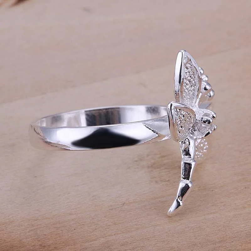 OMHXZJ Wholesale European Fashion Woman Girl Party Wedding Gift Silver Dragonfly AAA Zircon 925 Sterling Silver Ring RR153 image 5