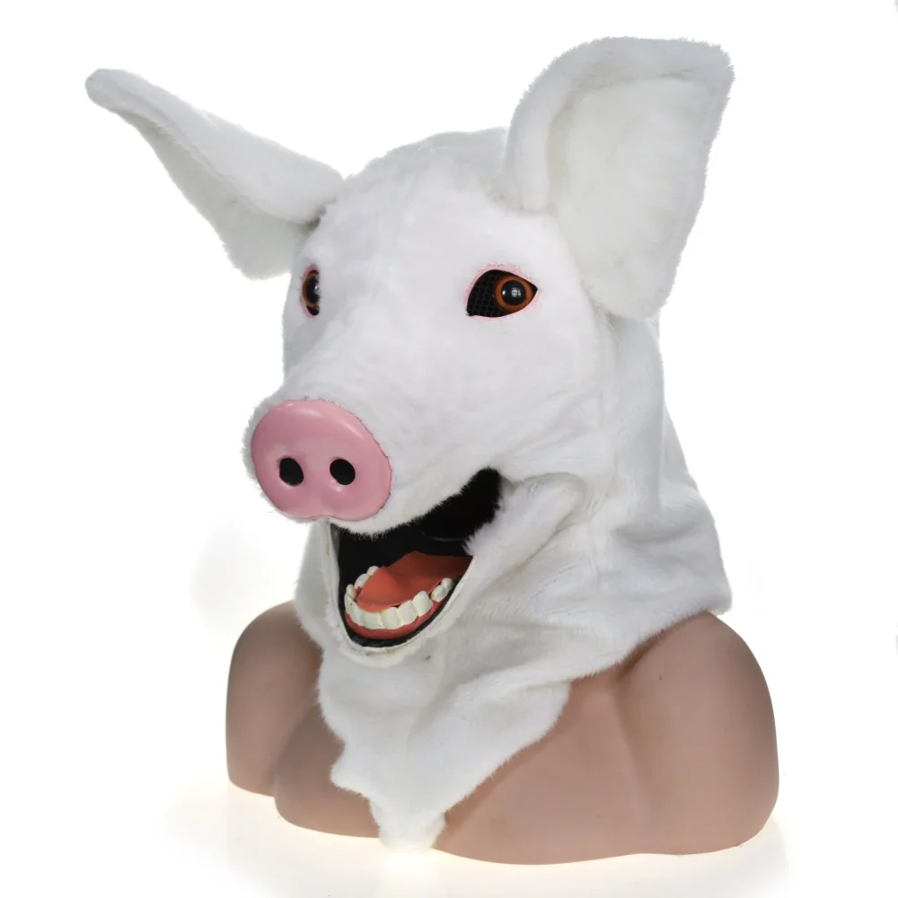 2022 HUITAI PLUSH  HANDMADE HALLOWEEN MOVING MOUTH MASK  WHITE PIG  FALSE FACE  COSPLAY PROPS