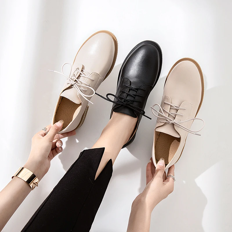 Spring Autumn Women Martin Oxfords Flat Shoes PU Leather Lace UP Round Toe Moccains Black Derby Ladies Casual Shoes femme 32 43