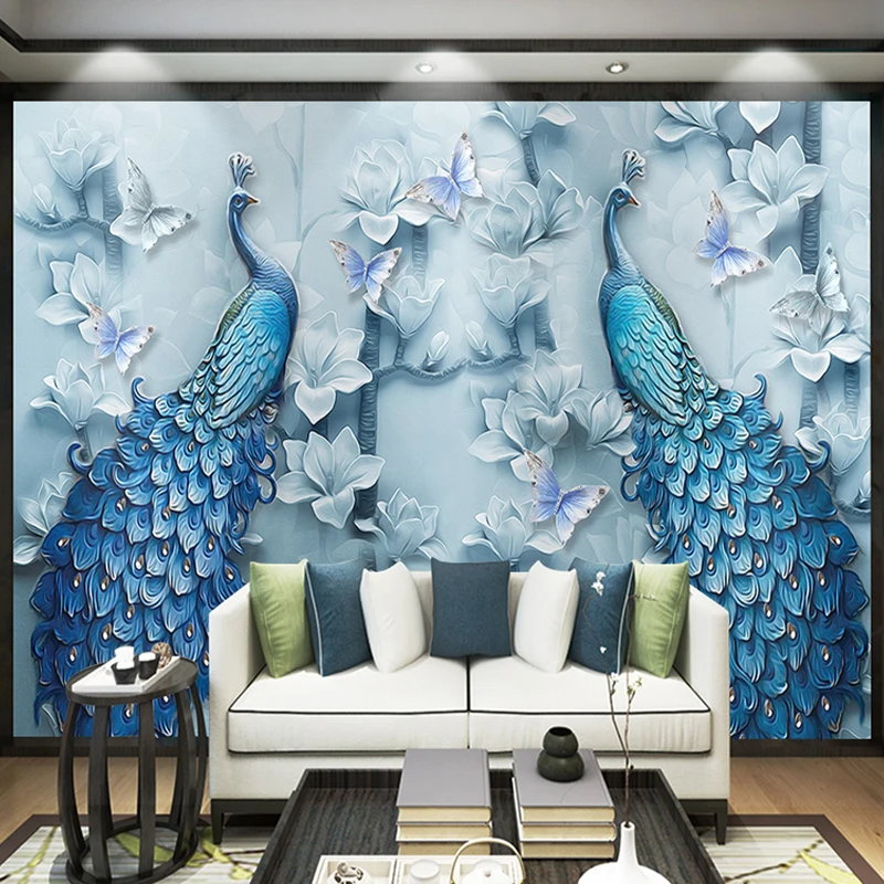 Chinese Style 3D Embossed Blue Peacock Oil Painting Mural Living Room TV Sofa Hotel Background Wall Classic Decor 3D Wallpaper