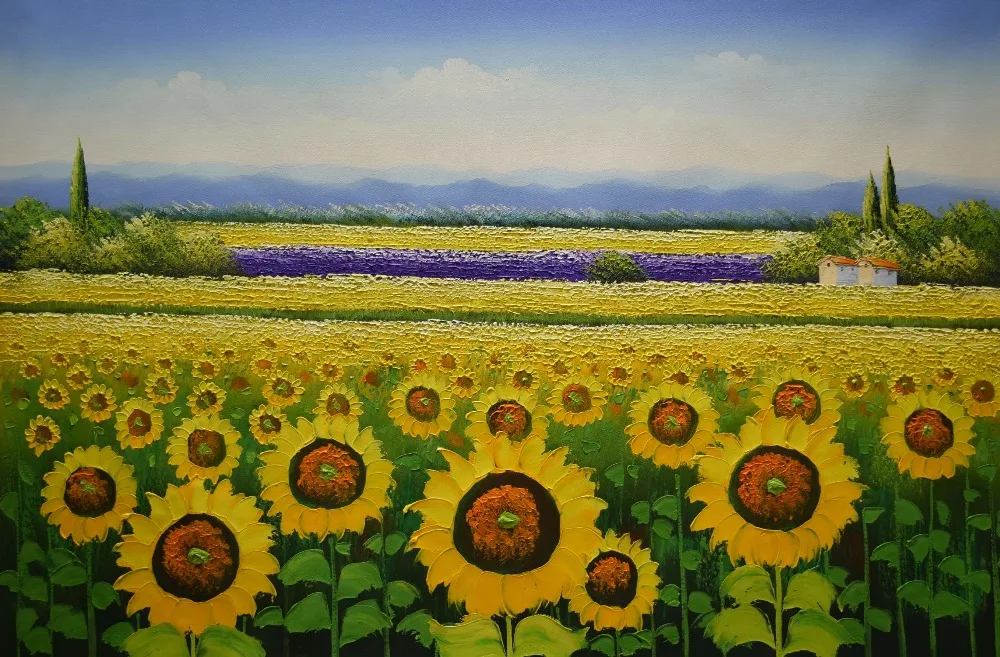 

Hand Painted Canvas Painting Beautiful Flower Oil Painting Modern Sunflower Farm Landscape Wall Picture Painting for Living Room