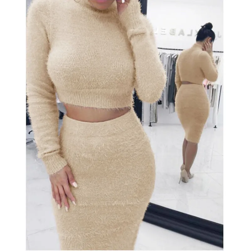 

Autumn 2pcs Set Women Bandage Suit Long Sleeve Fleece Crop Top Pencil Midi Skirt Solid Bodycon Dress Sweater Tracksuit Outfit