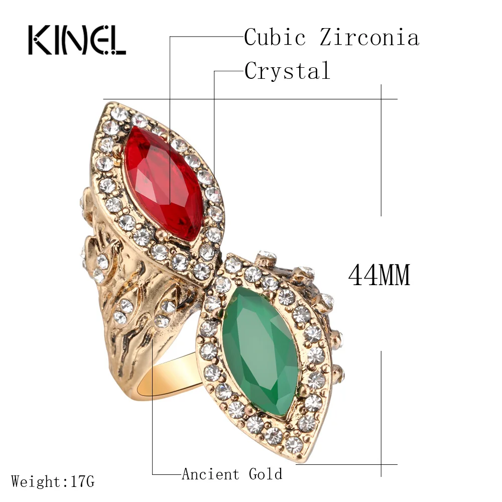 Kinel Vintage Red&Green Stone Rings For Women Antique Gold Crystal Engagement Ring Finger Party Accessories Turkish Jewelry