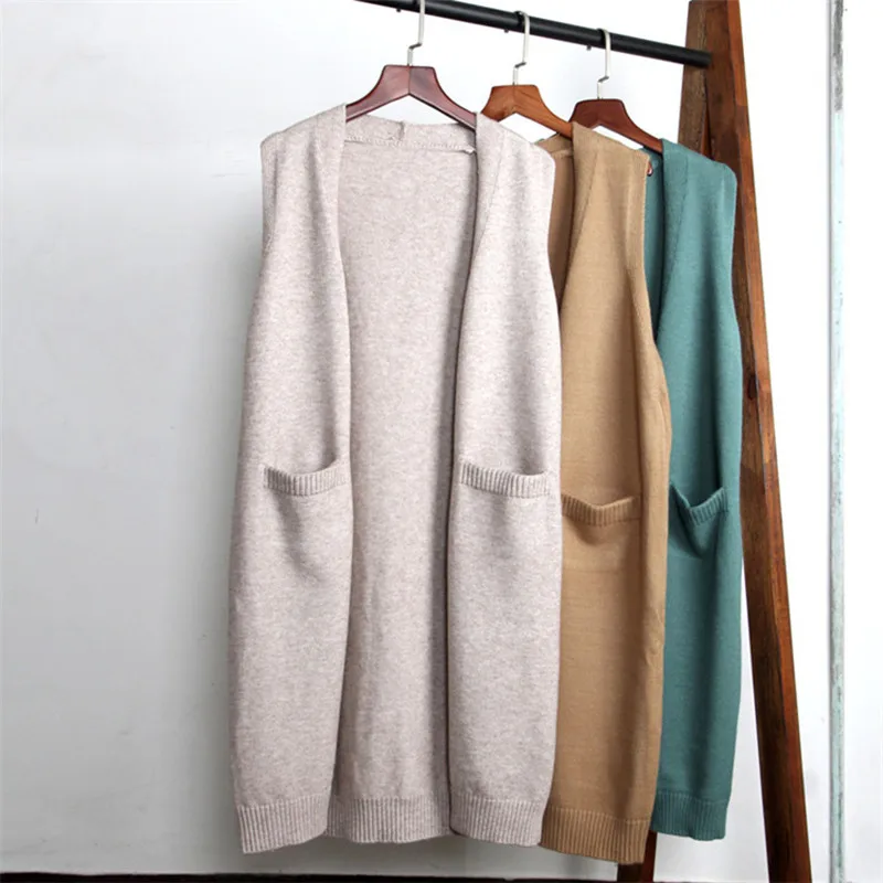 Colete de malha longa sem mangas feminino, casaco de lã sólida, suéter feminino com decote em v, colete de inverno, moda coreana, primavera, 2022