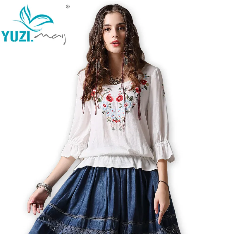 Fashion Wanita Blus 2018 Yuzi. mungkin BoHo Baru Kapas Blusas O-Leher Suar Lengan Bunga Bordir Putih Kemeja Wanita B9260