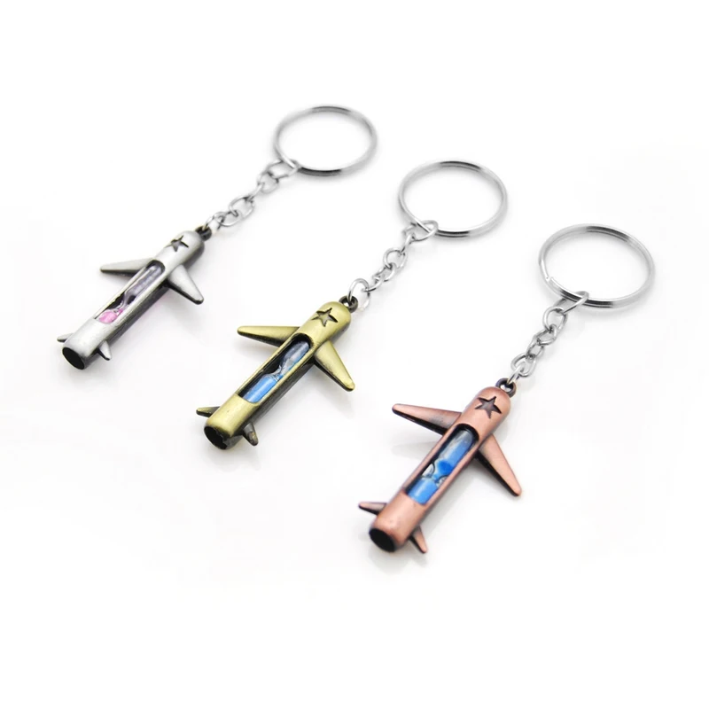 Vintage Hourglass Sand Airplane Key Chain For Men Metal Fighter Keychain On School Bag Boys Jewelry Boyfriend Party Gift