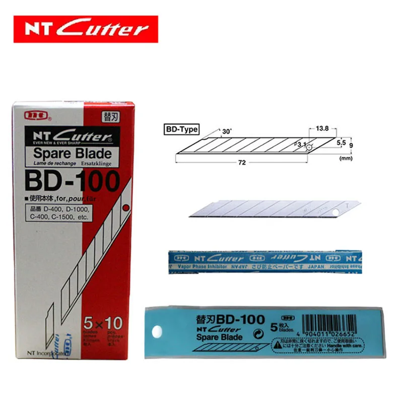 Japan NT Cutter Spare Replacement Blade BD-100 small art blade 9mm 30 degrees 50blades/Pack for D-400 D-1000 C-400 C-1500