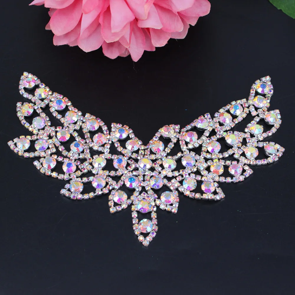 Silver AB Sweet Heart Collar Rhinestone Applique sew-on Bridal Sash Applique neckline shape adornment for wedding Dress addition