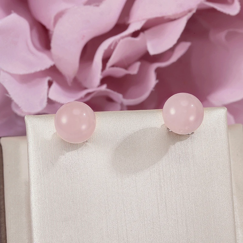 Fine Jewelry Stud Earring For Women Solid 925 Silver 100% Natural 8mm Rose Quartz Pink Gemstone Cute Lovely Brincos Party Gift