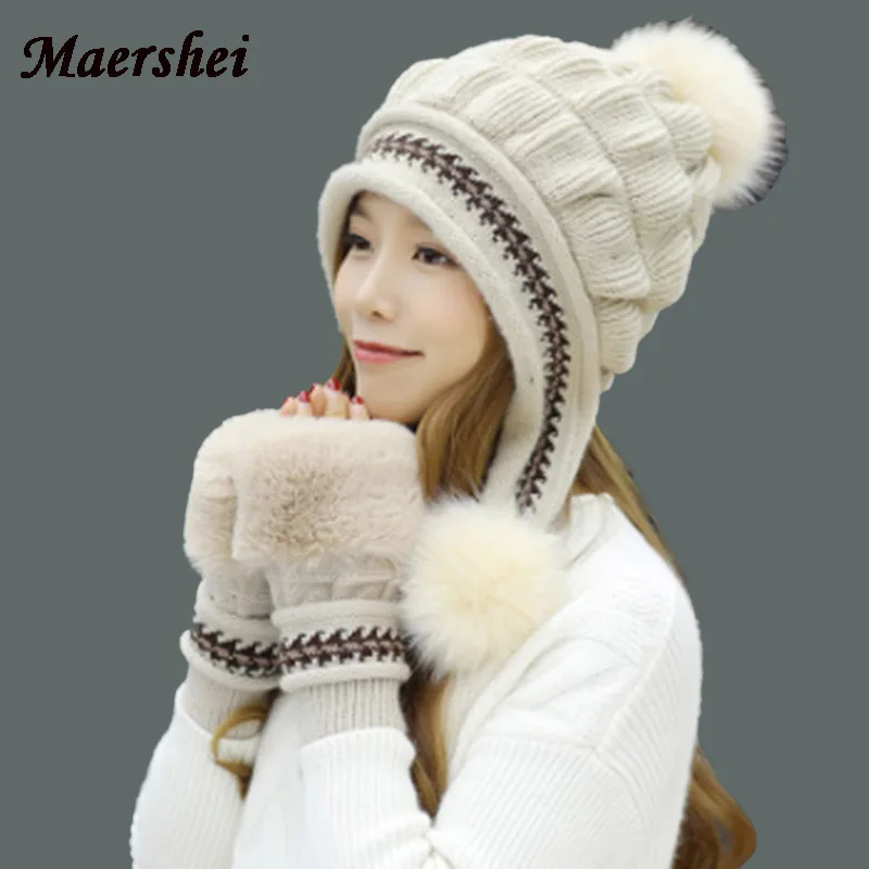 MAERSHEI Hot Ski Girl Women Beanies Skullies Female Cap warm 2020 Brand New Large Pompons Hot Skins Gloves Hat Knit Winter Hats