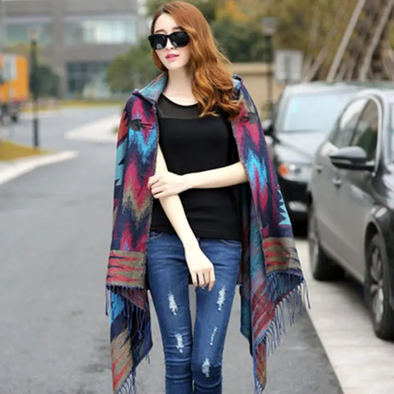 Ladies Warm Winter Hooded Wrap Poncho Wool Scarves Lush Cape,Mantle Ponchos And Capes Aztec Outwear Casacos Femininos Tippet