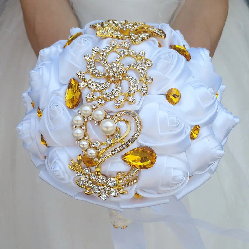 WifeLai-EINE Gold Brosche Braut Hand Holding Blume Bouquets Weiß Gold Kristall Pure White Silk Brautjungfer Hochzeit Bouquet W227-1