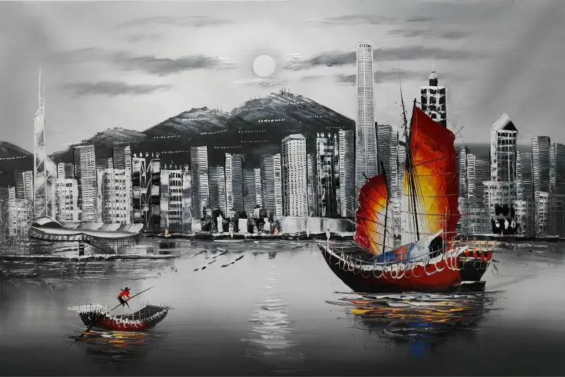 Hand Painted Oil Canvas Painting White and Black Hong Kong's Victoria harbour view Painting Wall Art  Pictures for Living Room