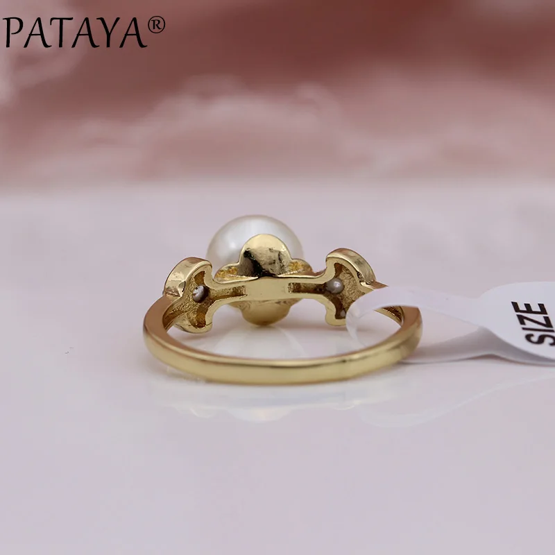 PATAYA New Champagne Gold Color Imitation Pearls Round Natural Zircon Rings Women Wedding Party Jewelry shape Girls Cute Ring