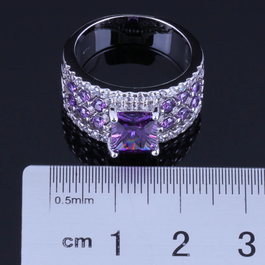 Shining Rectangle Purple Cubic Zirconia White CZ Silver Plated Ring V0456