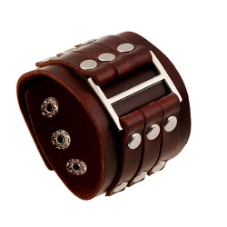 Punk Rock New Brown Men Genuine Cow Leather Bracelet 3 Buckle Wristband Cuff Bangle Wide Alloy Clasp Men's Jewelry Best Gifts