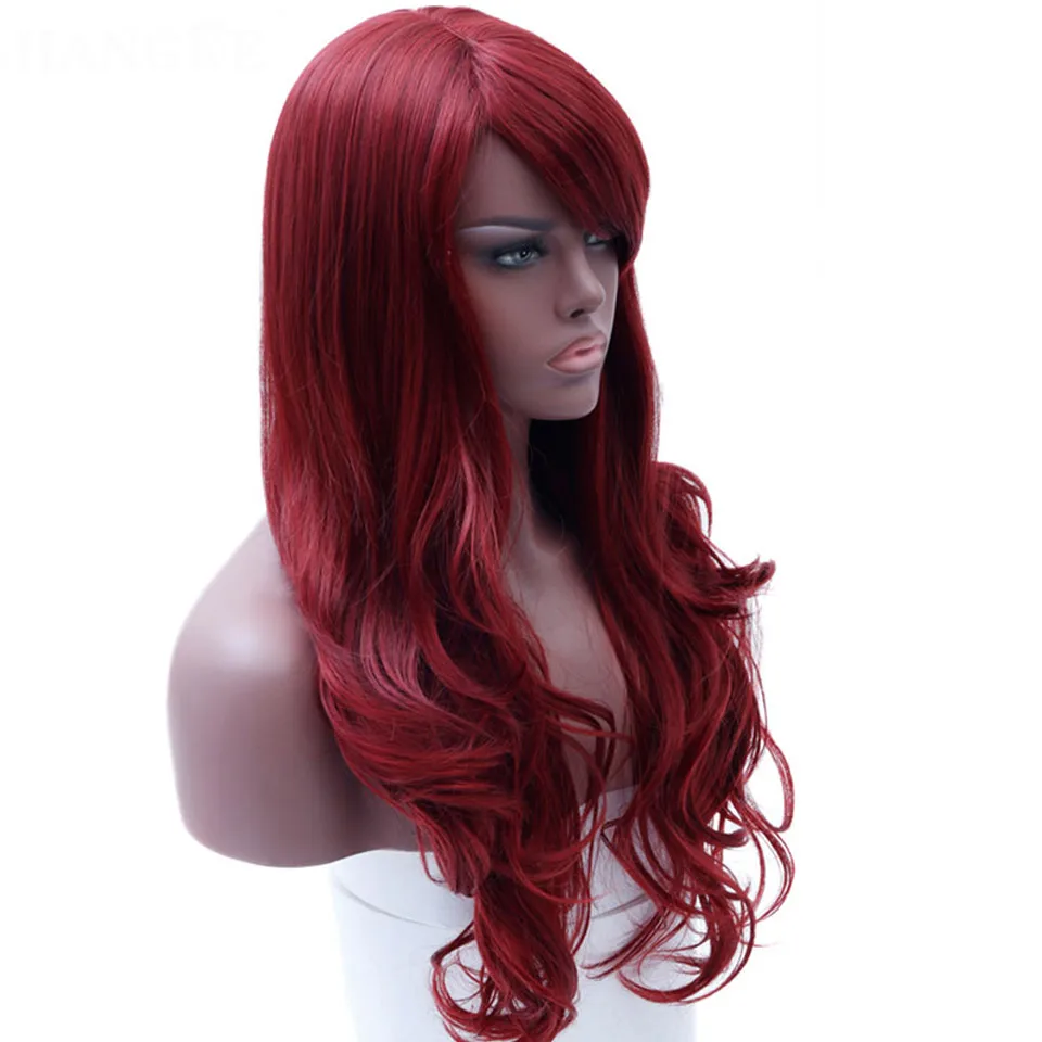 Difei Merah Panjang Wig Bergelombang Sintetis Wig untuk WANITA HITAM Bagian Sisi Tahan Panas Wig Merah Cosplay Wig