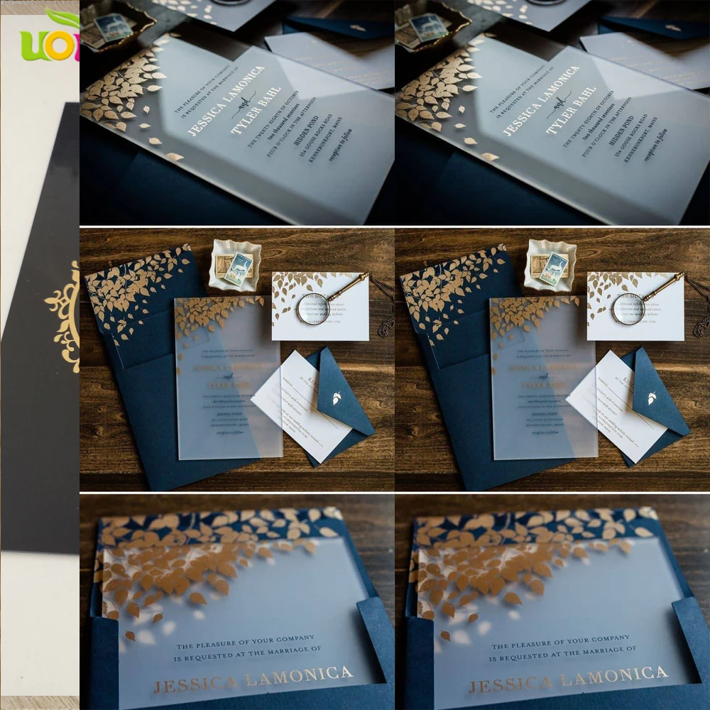 

2022 Gold Print Clear Acrylic Wedding Invitation With Leaves Design With Navy Blue Envelope