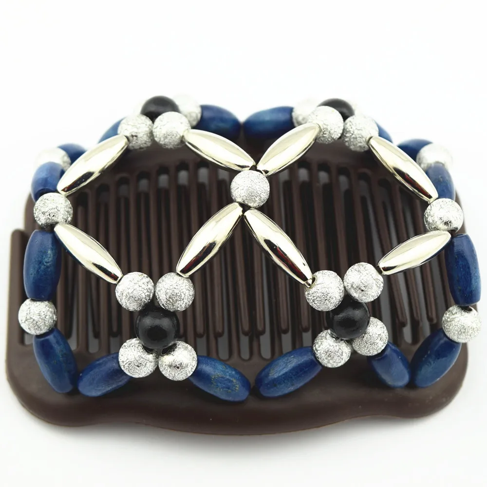 60PCS/LOT Blue and silver pearl beads comb  hot sale  elastic beaded double twin headwear magic hair comb clips