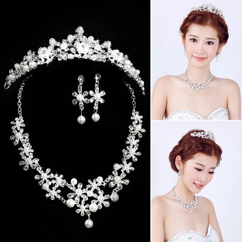 

Elegant Luxury Rhinestone Pearl Bride Earring Necklace Crown Set Bride Tiaras Hair Accessories Noiva Wedding Jewelry Sets BH