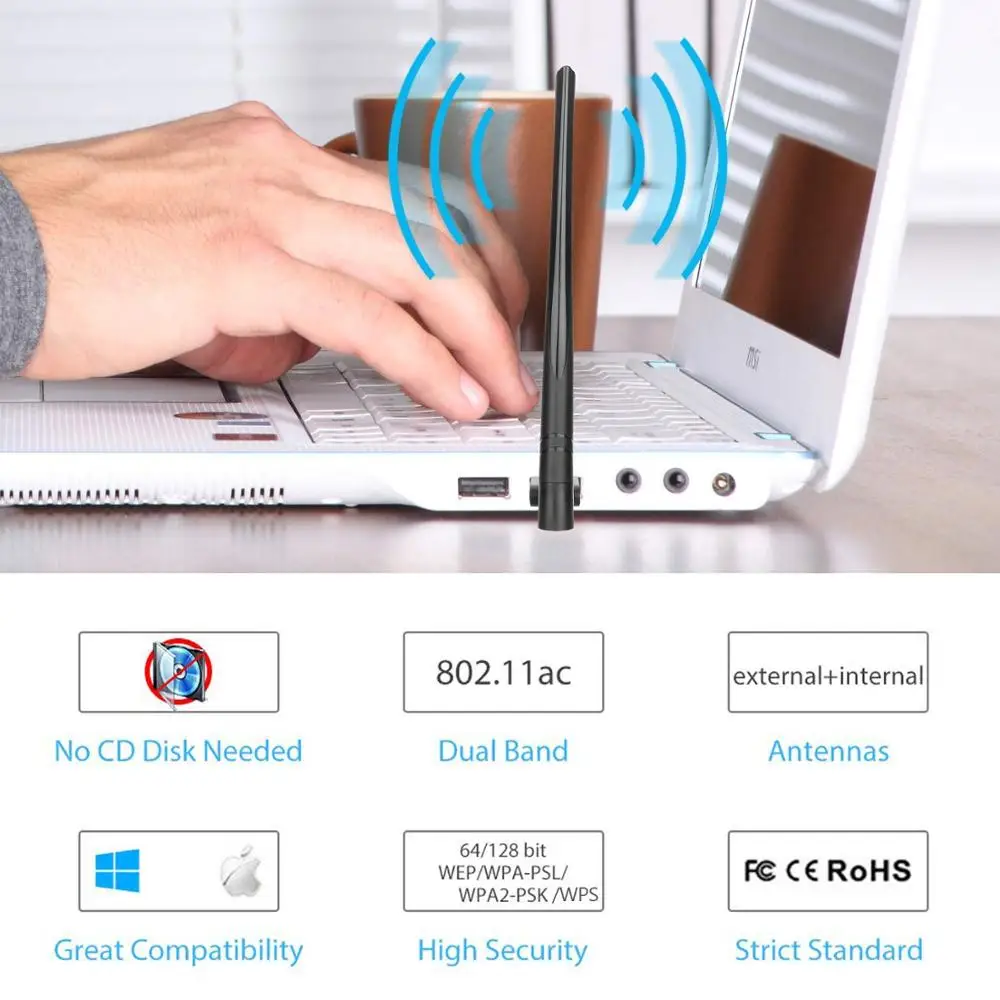 Tarjeta de red inalámbrica de 600Mbps, banda Dual (2,4G/150Mbps + 5G/433Mbps), WiFi Dongle, controlador gratis con antena de 5dBi para ordenador portátil y de escritorio