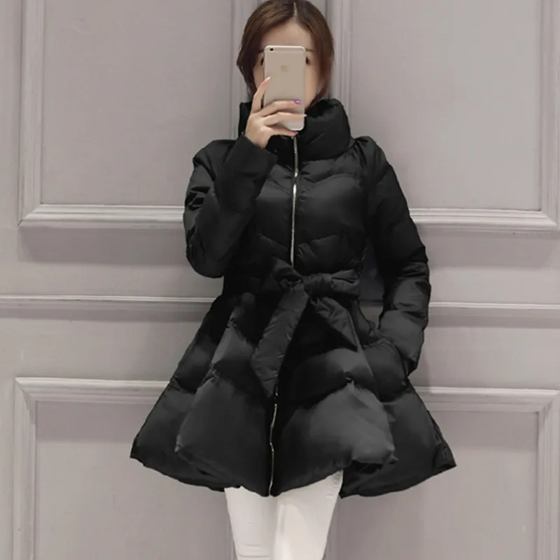 UHYTGF New Arrival Down Jacket Warm Coat Jacket Parkas For Women Winter Down Parka Female Bow Waist Fluffy Skirt Style Coat 979