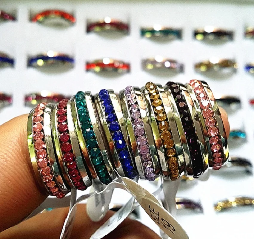 wholesale 100PCs Mix Colors Full Circle Rhinestone 1 Row Stainless Steel Fashion Jewelry Rings