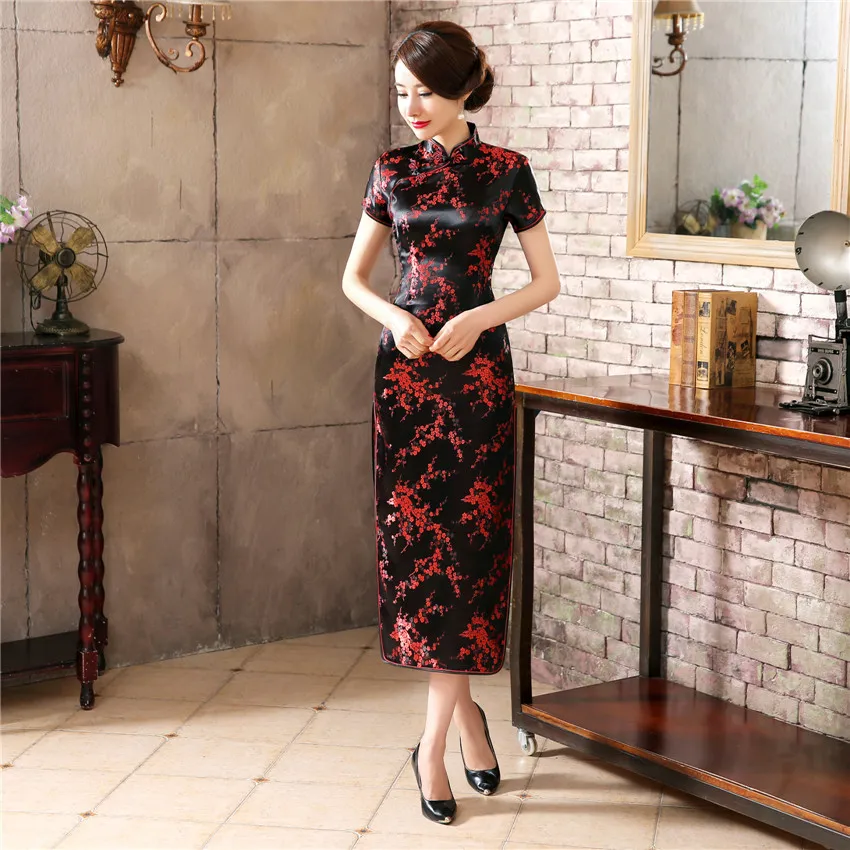 Black Red Chinese Traditional Dress Women's Silk Satin Cheongsam Qipao Summer Short Sleeve Long Dress Flower S M L XL XXLNC039