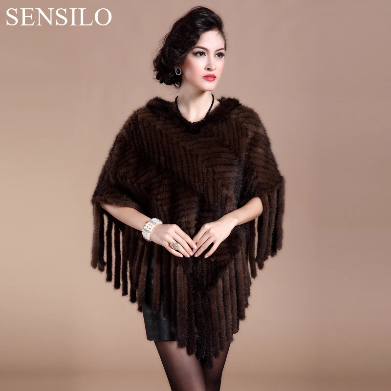 

2016 Luxury Autumn Winter Women's Genuine Real Knitted Mink Fur Poncho with Tassels Lady Cape Hooded Shawl Female Pashmina 0153