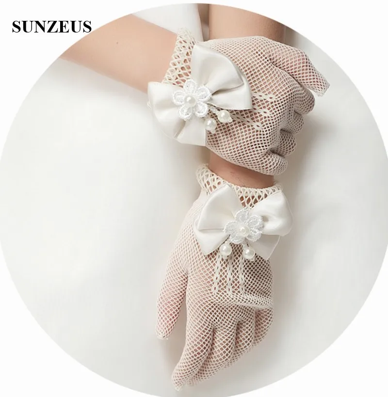 White/Ivory Girls Gloves Elastic Tulle Children Gloves For Wedding Wrist Length Finger Kids Wedding Gloves Short BV-015