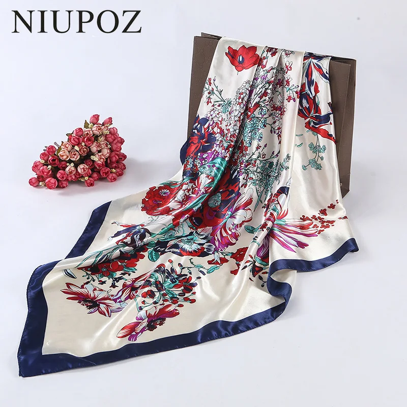 Fashion Design Square Silk Scarf Women Foulard Flower Bandana Ladies Shawl Hijab Elegant Headband Ring Scarf 90*90cm M207