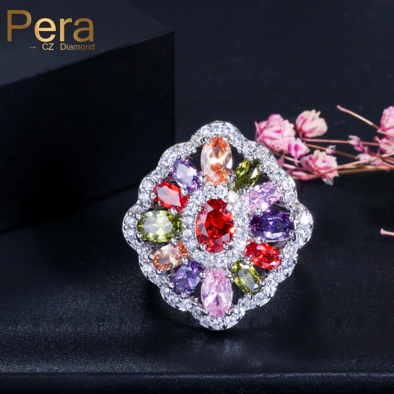 Pera Luxury White Gold Color Bridal Big Flower Colorful Cubic Zirconia  Jewelry Women Wedding Bands Finger Rings for Brides R035