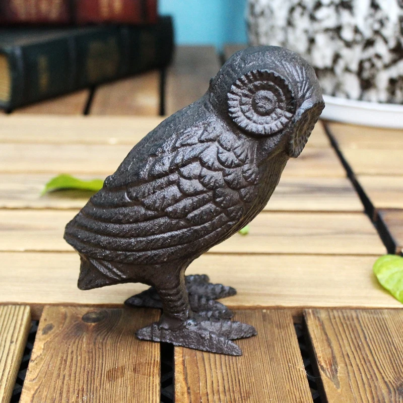 Antique Black Cast Iron Standing Owl Statue European Vintage Country Accents Handmade Home Tabletop
