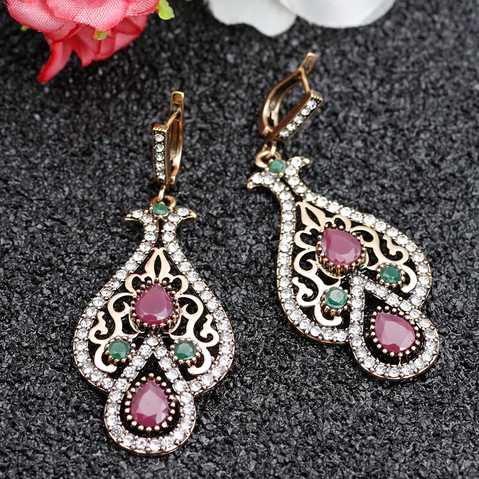 Sunspicems Chic Turkish Earring Vintage Bohemia Bride Jewelry For Women Retro Gold Color Arabic Water Drop Earring Indian Bijoux