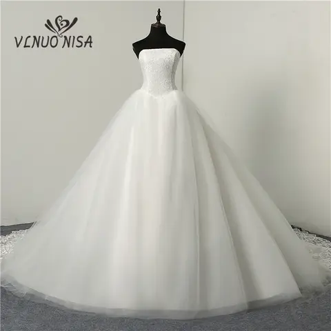 Cheap Fashion Simple Classic Ball Gown ivory Wedding Dress Lace Up Sweet Strapless Sleeveless vestido de noiva lace Appliques