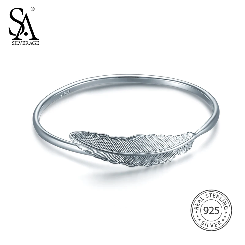 

SA SILVERAGE 2019 Fine Jewelry Classic Women Bohemia Feather Silver Bracelets Bangles Real 925 Sterling Silver Bangles for Women