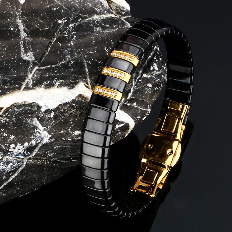 Hot Black White Ceramic Bracelet Men Woman 316L Stainless Steel Crystal Rhinestone Gold Bracelet Hand Chain Jewelry Watch Clasp