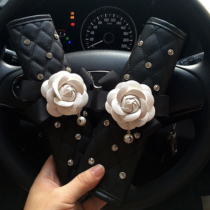 Crystal Rhinestones Camellia Flower Car Interior Accessories Women Leather Steering Wheel Cover Hand brake Gear Cover Seat Belt