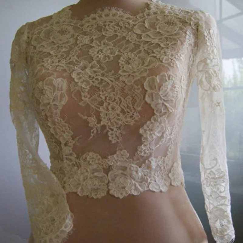 Nova manga longa rendas apliques casamento bolero boné jaquetas sheer tamanho personalizado nupcial marfim branco acessórios jaqueta