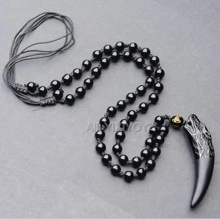 Drop Ship Chinese Handwork Natural Black Obsidian Carved Long Wolf Head Amulet Lucky Pendant + Free Beads Necklace Jewelry