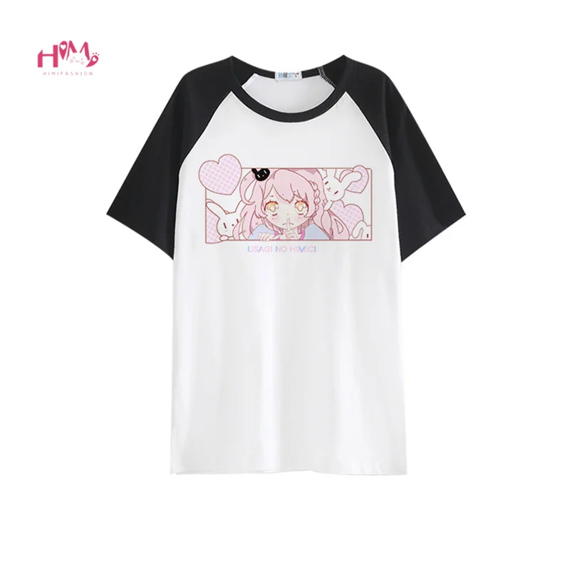 Japanese Cute Short Sleeve White Tops For Girl Soft Sister Kiss Anime Bunny Milk Silk Tees Shirt Kawaii Comic Graphic T-shirt