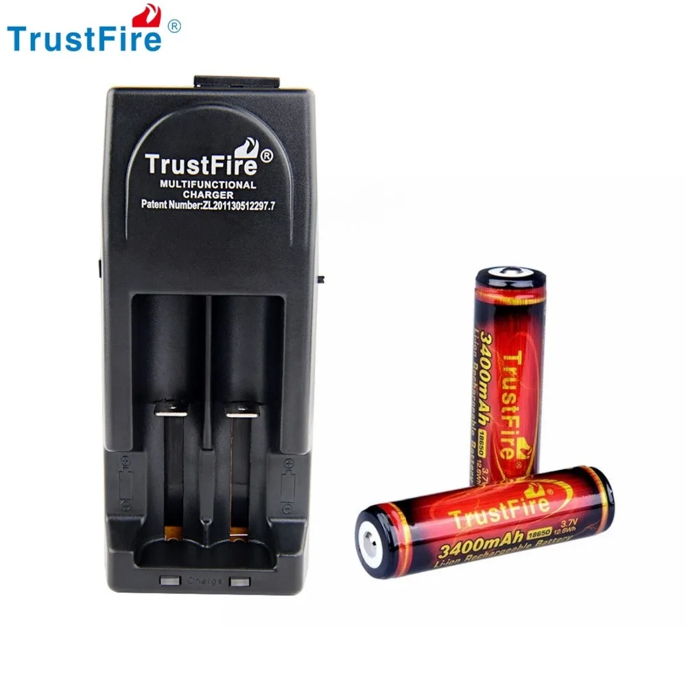 2PCS TrustFire 3400mAh 3.7V 18650 High Capacity Li-ion Lithium Rechargeable Battery Protected PCB With TrustFire Tr-001 Charger