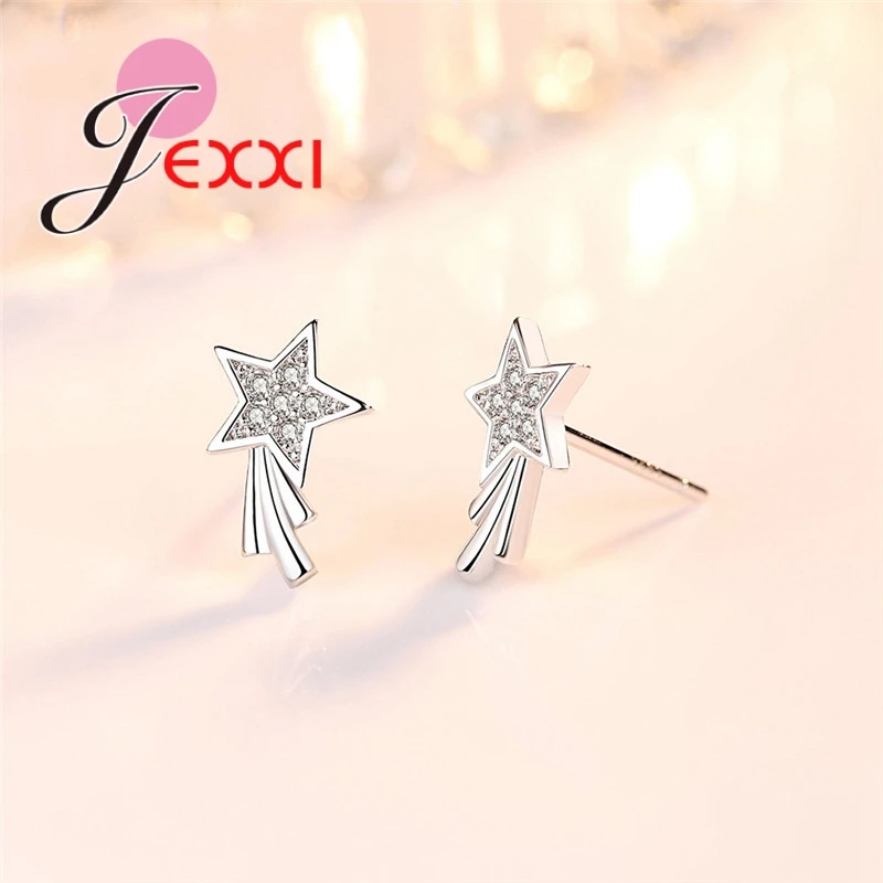 Meteor Star Shape Stud Earrings Noble Symbol 925 Sterling Silver Color Bridal Wedding Engagement Jewelry Luxury Romantic Gift