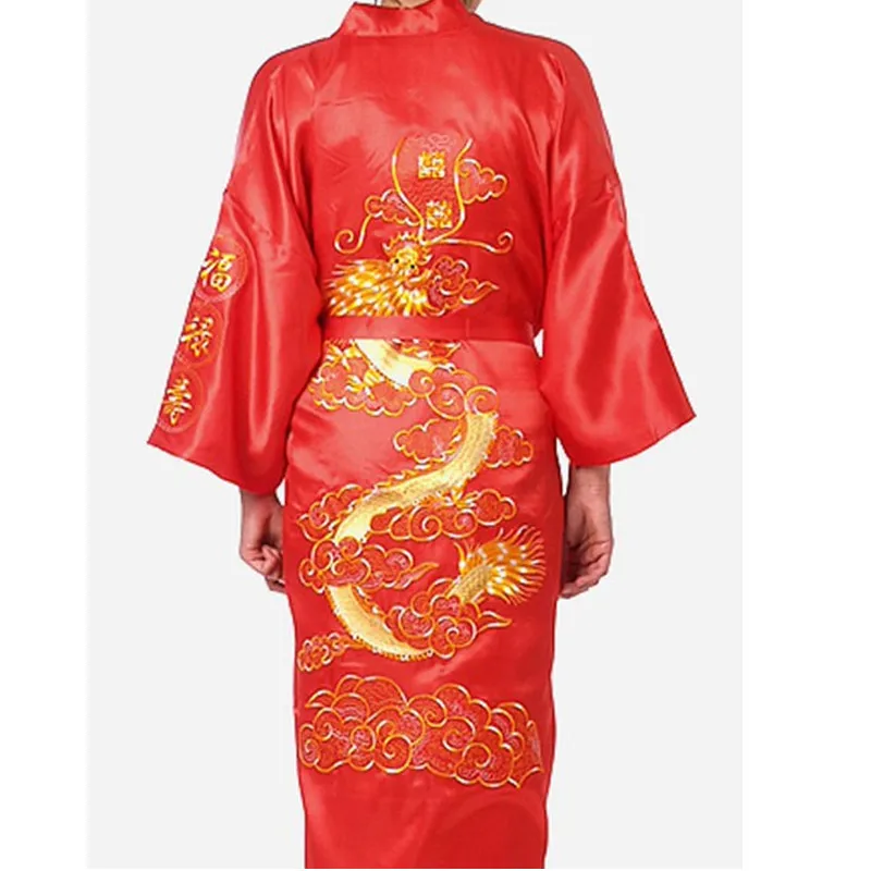 Navy Blue Chinese Men\'s Satin Silk Robe Embroidery Kimono Bath Gown Dragon Size S M L XL XXL XXXL S0008