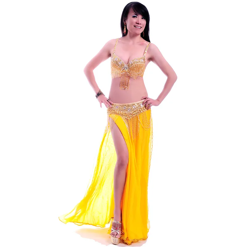 Women\'s sexy belly dance costume lady belly dancing outfits bellydance clothes beaded tassel bra+belt+skirt 3pcs belly dance set