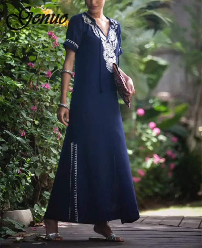 

Summer Women Casual Blue Dress Short Sleeve Self Tie V Neck Embroidery Side Split Indie Folk Long Dress Club Party Dress