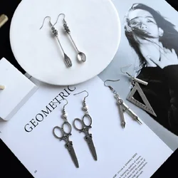 Vintage Silver-color Creative Interesting Earrings For Women Spoon Fork Triangle Ruler Scissors Pendant Earrings Charm Jewelry